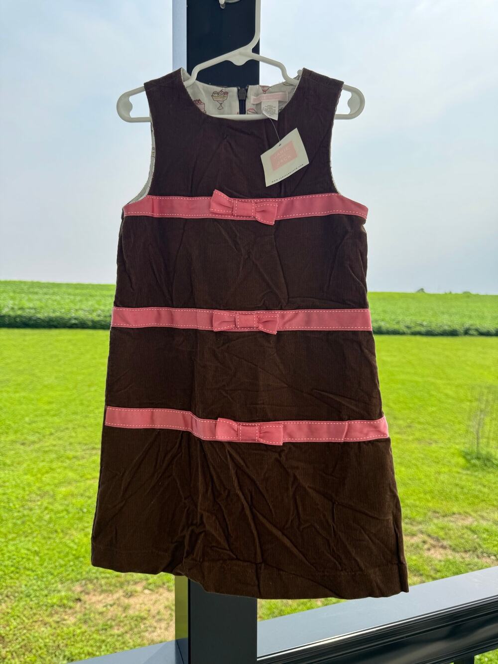 Janie and Jack NWT Girls Chocolate Brown Corduroy Pink Bow Shift Dress (Size 5T)